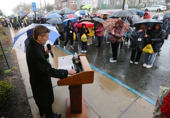 Bishop William Koenig delivers prayers outside St. Francis Hospital as the Catholic Diocese of Wilmington's Catholic Youth Ministry's cross pilgrimage moves befween parishes, Saturday, March 23, 2024.