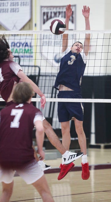 Delaware Military's Paxton Ayers gets a block in the Jaguars' 3-0 win at Appoquinimink, Wednesday, March 27, 2024.