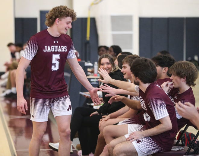 Appoquinimink's Edge von Brandt is greeted at the bench in the Jaguars' 3-0 win against Delaware Military at Appoquinimink, Wednesday, March 27, 2024.