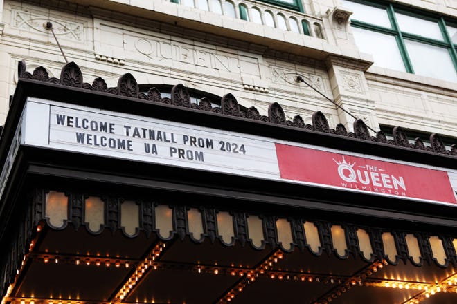 The marquee at The Queen in Wilmington advertises the Tatnall School's and Ursuline Academy's prom.