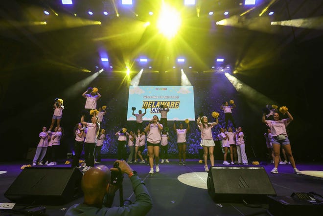 The University of Delaware cheer team performed at the annual UDance marathon on Sunday, April 21, 2024 at the Bob Carpenter Center on the campus of the University of Delaware in Newark.