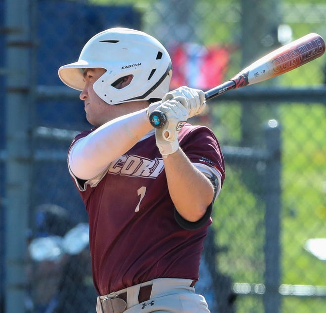 Concord's Andrew Firko gets a RBI hit to give the Raiders a 2-0 lead in the second inning of Concord's 3-1 win at Brandywine High School, Tuesday, April 23, 2024.