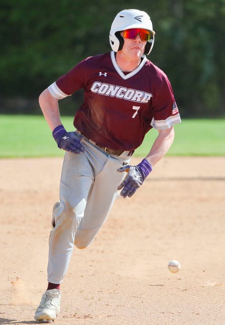 Concord's Dan Baxter advances on an infield hit in the second inning of Concord's 3-1 win at Brandywine High School, Tuesday, April 23, 2024.