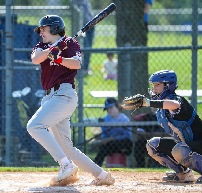 Concord's Caden Brown gets a base hit in the second inning as the Raiders put together a two-run rally in Concord's 3-1 win at Brandywine High School, Tuesday, April 23, 2024.