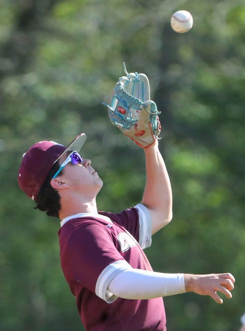 Concord's Andrew Firko makes a catch at shortstop to end the second inning of Concord's 3-1 win at Brandywine High School, Tuesday, April 23, 2024.