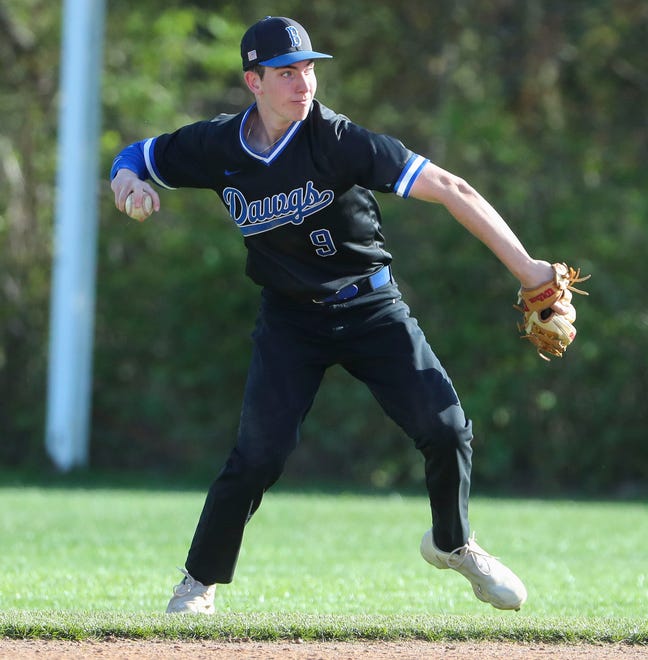 Brandywine second baseman Jacob Solomon looks to first base before throwing in the seventh inning of Concord's 3-1 win at Brandywine High School, Tuesday, April 23, 2024.
