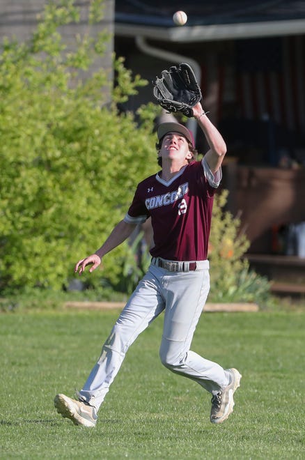 Concord centerfielder Robert Mills makes a putout in the seventh inning of Concord's 3-1 win at Brandywine High School, Tuesday, April 23, 2024.