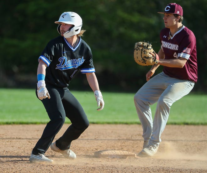 Brandywine's Frank Honisch (left) holds up at second with an RBI double as the Bulldogs try to even the score in their last at bat in Concord's 3-1 win at Brandywine High School, Tuesday, April 23, 2024.
