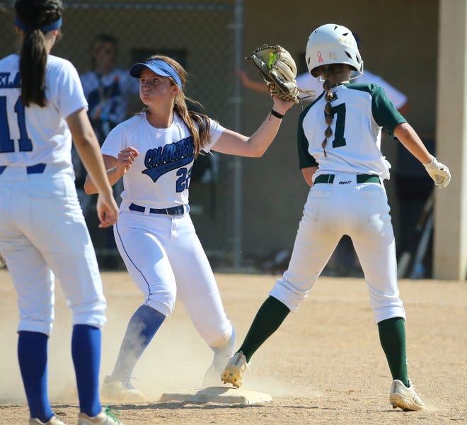 St. Mark's Sophia Wenger (7) is safe at second as Charter School of Wilmington's Marlayna Capaldi takes a late throw in the second inning of the Spartans'  4-0 win in the second round of the DIAA state high school tournament Wednesday, May 19, 2021 at St. Mark's High School.