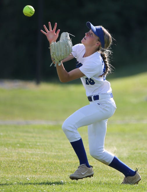 Charter School of Wilmington's Julia Sauder makes a grab in the fifth inning of the Spartans'  4-0 win in the second round of the DIAA state high school tournament Wednesday, May 19, 2021 at St. Mark's High School.