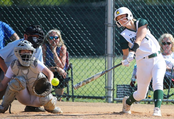 St. Mark's Amanda Oller drives a hit for an RBI in the second inning of the Spartans'  4-0 win in the second round of the DIAA state high school tournament Wednesday, May 19, 2021 at St. Mark's High School.
