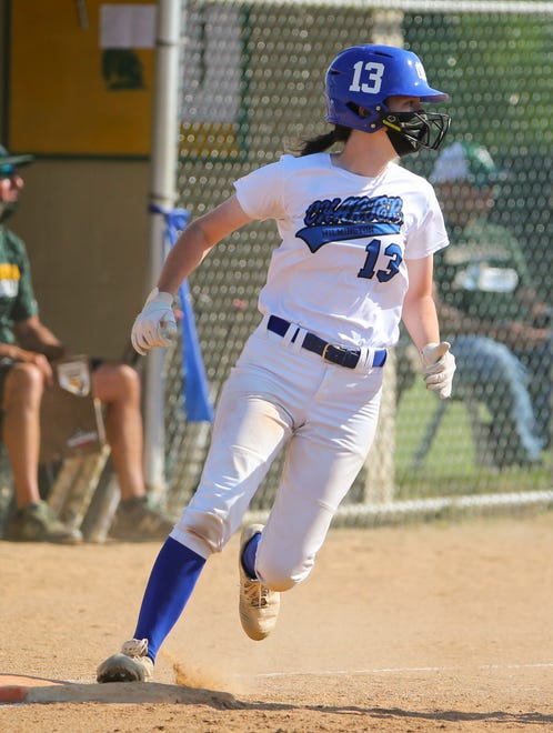 Charter's Cecilia Johnston rounds first on a fifth inning hit in the Spartans'  4-0 win in the second round of the DIAA state high school tournament Wednesday, May 19, 2021 at St. Mark's High School.
