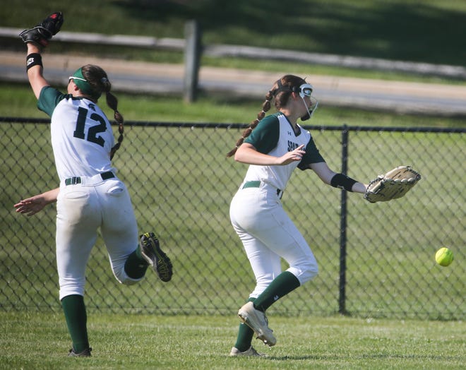 St. Mark's Kaitlyn Lynch (12) and Olivia Datilio can't get to a Charter drive in the third inning of the Spartans'  4-0 win in the second round of the DIAA state high school tournament Wednesday, May 19, 2021 at St. Mark's High School.