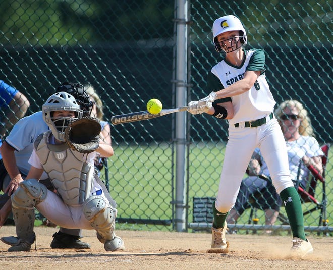 St. Mark's Peyton Crone hits a double in the second inning of the Spartans'  4-0 win in the second round of the DIAA state high school tournament Wednesday, May 19, 2021 at St. Mark's High School.