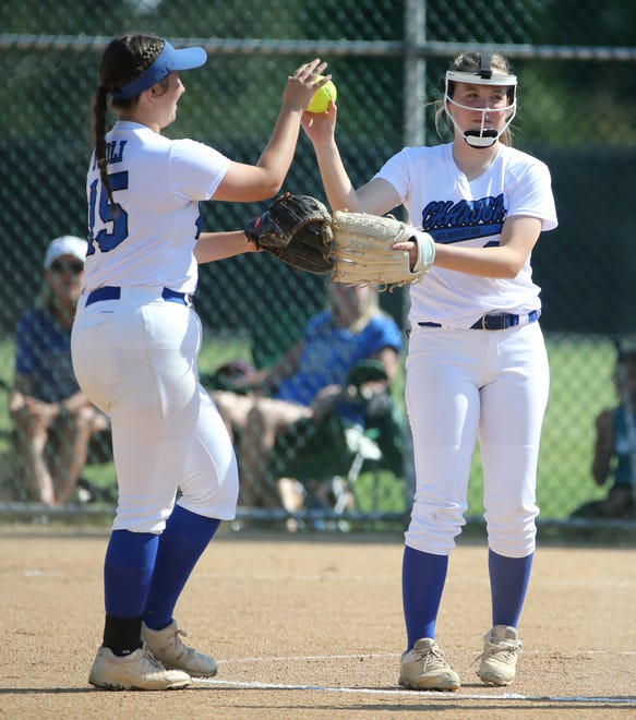 Charter first baseman Juliana Paoli (left) and pitcher Paige Colburn get set for second inning in the Spartans' 4-0 win in the second round of the DIAA state high school tournament Wednesday, May 19, 2021 at St. Mark's High School.