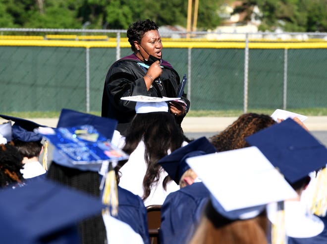 Seaford High School Principal Zulieka Jarmon-Horsey speaks to her seniors before commencement Monday, June 7, 2021, at Bob Dowd Stadium in Seaford, Delaware.