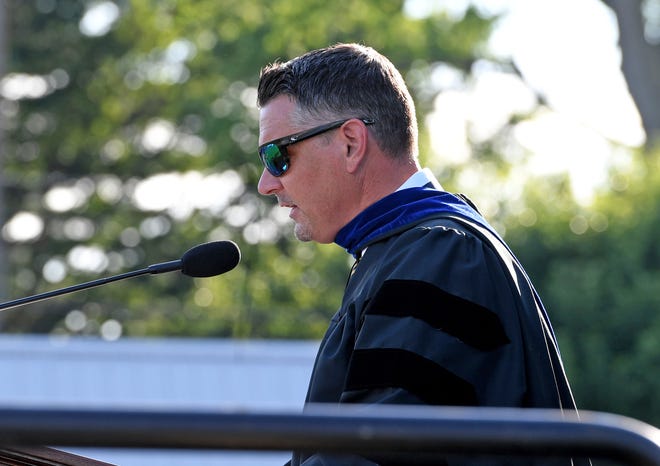 Corey Miklus, superintendent, gives a message during the Seaford High School commencement Monday, June 7, 2021, at Bob Dowd Stadium in Seaford, Delaware.