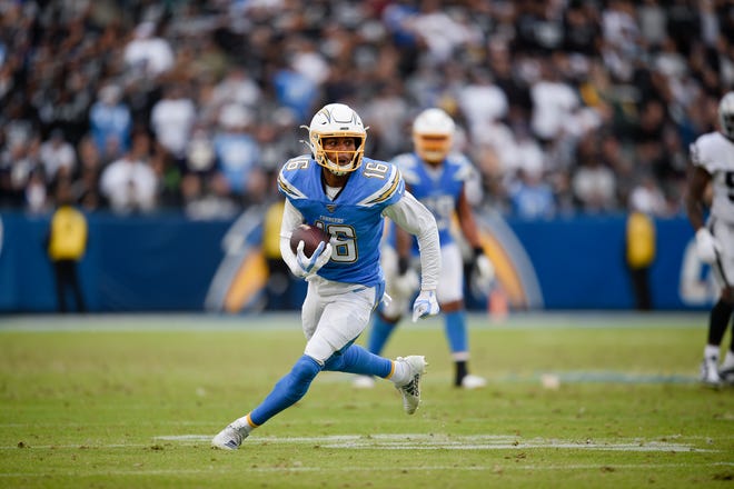 Los Angeles Chargers wide receiver Andre Patton runs after a catch during the second half of an NFL football game against the Oakland Raiders in Carson, Calif., Sunday, Dec. 22, 2019. (AP Photo/Kelvin Kuo)