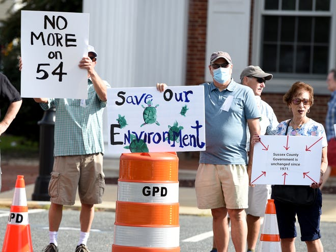 Sussex2030 held a citizens' protest Tuesday, Sept. 21, 2021, before a Sussex County Council meeting in Georgetown, Delaware. The group was primarily focused on overdevelopment.